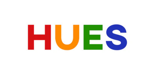 Hues logo with each letter in their colours of red orange green and blue